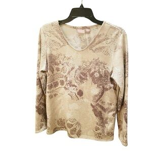 Chico’s 1 sparkly v-neck stretch long sleeve top holiday party SZ 8 gold brown